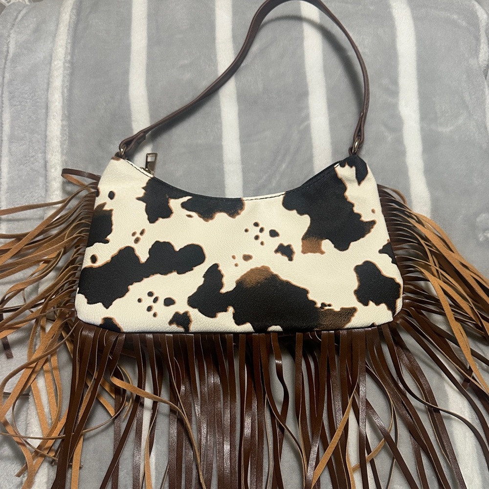 Cow Print Fringe Shoulder Bag